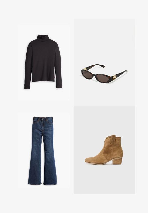Hnědá semišová bunda s límečkem, popperovým zapínáním v přední části, dvěma bočními kapsami a zkráceným střihem. Hladká textura a strukturovaný tvar.; Černý žebrovaný rolák s dlouhými rukávy a přiléhavým střihem. Měkká textura, jemná pružnost a štítek na spodní straně.; Džínové kalhoty s vysokým pasem v tmavě modré barvě, s rozšířenými nohavicemi, předním zapínáním na knoflík a zip, a designem s pěti kapsami.; Kochové kozačky z jemného semiše v tělové barvě s špičatou špičkou, texturovaným lemováním na límci a širokým podpatkem. Obsahuje poutko pro snadné obouvání.; Brýle sluneční s kočičím vzorem, prodloužené oválné čočky, hnědý odstín, zlaté logo na spáncích a elegantní černé nožičky.; Hnědá taška z faux semiše s dvěma pevnými ušima, strukturovaným tvarem a minimalistickým designem, který obsahuje jemné akcenty šití.