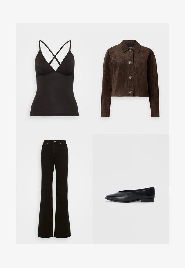 Pruun suède jakk, millel on kaelus, esine nööbid, kaks küljetaskut ja lühendatud disain. Sile tekstuur ja struktureeritud kuju.; Mustmust särk reguleeritavate ristküljest rihmadega, sügava V-kaelusega ja vooderdatud siluetiga. Valmistatud siledast, venivast kangast.; Kõrge talje ja mustad laiad teksad, mis on valmistatud denimist, neil on nupuga sulgur, küljetaskud ja sile tekstuur.; Must musta korter king, millel on terav nina, veidi tõstetud konts ja sile pind. Lihtne disain, kus pole nähtavaid detaile ega mustreid.