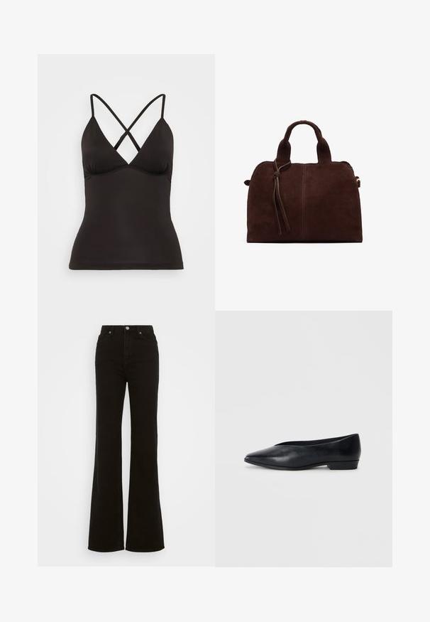 Rudas zomšos švarkas su apykakle, priekiniais mygtukais, dviem šoninėmis kišenėmis ir trumpu fasonu. Lygus paviršius ir išraiškingas siluetas.; Juodas maždaug iki liemens pasiekantis topas su reguliuojamomis kryžminėmis petnešėlėmis, turintis gilią V formos iškirptę ir aptemptą siluetą. Pagamintas iš lygaus, elastingo audinio.; Juodos džinsinės kelnės su aukštu liemeniu, platėjančios, turinčios mygtuko užsegimą, šonines kišenes ir lygų paviršių.; Juodas odinis plokščias batelis su smailiu kojų pirštu, šiek tiek pakelta kulna ir lygiu paviršiumi. Paprastas dizainas be matomų detalių ar raštų.; Rudos zomšiniai rankiniai su dviem viršutinėmis rankenomis, priekinis mazgas ir kontrastingi siūlai. Minkšta tekstūra ir struktūruotas forma.