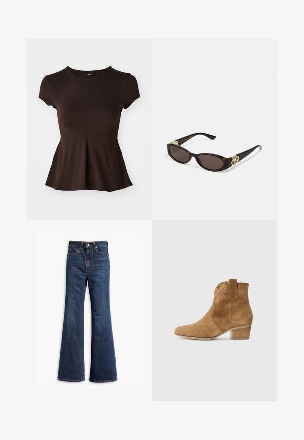 Veste en daim marron avec un col, fermeture à boutons sur le devant, deux poches latérales et un design court. Texture lisse et forme structurée.; Haut brown à manches courtes avec un col rond, présentant un ourlet évasé et une texture de tissu lisse, conçu pour une silhouette ajustée.; Jeans en denim bleu foncé taille haute avec jambes évasées, fermeture à boutons et zip à l'avant, et conception à cinq poches.; Bottine en suede beige avec un bout pointu, une bordure texturée au col, et un talon carré. Équipée d'une languette pour un enfilage facile.; Lunettes de soleil en écaille, avec des verres ovales allongés, teinte marron, accents de logo doré sur les branches et montures noires élégantes.; Sac fourre-tout en faux suède marron avec deux poignées robustes, une forme structurée et un design minimaliste, présentant des accents de couture subtils.