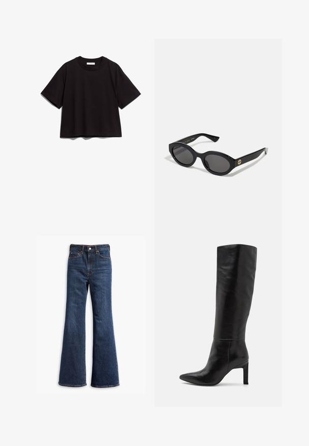 Hnedá semišová bunda s golierom, predným zapínaním na gombíky, dvoma bočnými vreckami a skráteným strihom. Hladká textúra a štruktúrovaný tvar.; Čierne bavlnené crop tričko s okrúhlym výstrihom a krátkymi rukávmi. Má voľný strih a jednoduchý, nezdobený dizajn.; Džíny z tmavomodrého denimu s vysokým pásom, rozšírenými nohavicami, predným zapínaním na gombík a zips a dizajnom s piatimi vreckami.; Čierne kožené čižmy na vysokom opätku s dĺžkou po kolená, špicatou špičkou a hladkým povrchom. Opätok má blokový tvar, čo pridáva stabilitu k dizajnu.; Čierne oválne slnečné okuliare s tmavými sklami a lesklým plastovým rámom. Obsahujú zlaté logo na stráne, čo im dáva elegantný a moderný dizajn.; Hnedá falošná zamšová taška na rameno s dvoma pevnýmuch rukoväťami, štruktúrovaným tvarom a minimalistickým dizajnom, s jemnými akcentmi prešitia.