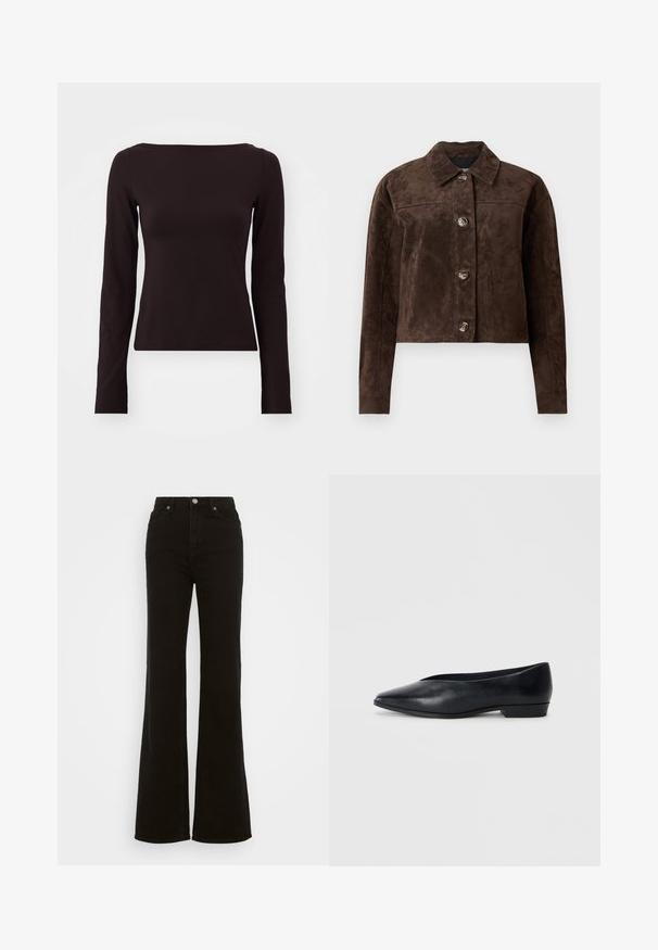 Brun semsket skinnjakke med krage, frontlukking med knapper, to sidelommer og kort design. Glatt tekstur og strukturert form.; Langermet topp i mørkebrun elastisk stoff, med båthals og en tettsittende silhuett. S glatt tekstur uten synlige mønstre.; Høyt liv svarte utsvingte jeans laget av denim, med knappelukking, sidelommer og en glatt tekstur.; Sorte skinn flate sko med spiss tå, lett hevet hæl og glatt overflate. Enkelt design uten synlig hardware eller mønstre.