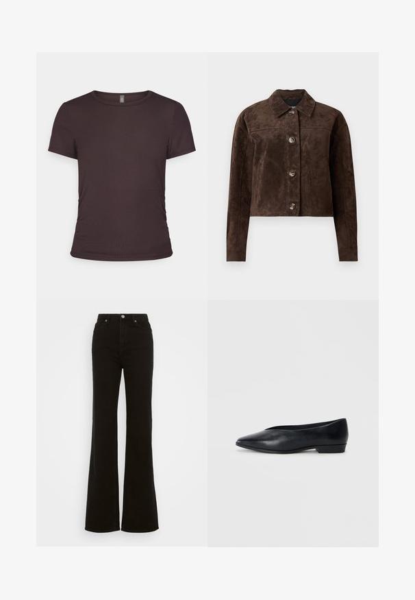Brun semsket skinnjakke med krage, frontlukking med knapper, to sidelommer og kort design. Glatt tekstur og strukturert form.; Kortermet brun t-skjorte laget av ribbestrikket stoff med rund hals og figurnær passform, med subtile detaljer med samling på sidene.; Høyt liv svarte utsvingte jeans laget av denim, med knappelukking, sidelommer og en glatt tekstur.; Sorte skinn flate sko med spiss tå, lett hevet hæl og glatt overflate. Enkelt design uten synlig hardware eller mønstre.