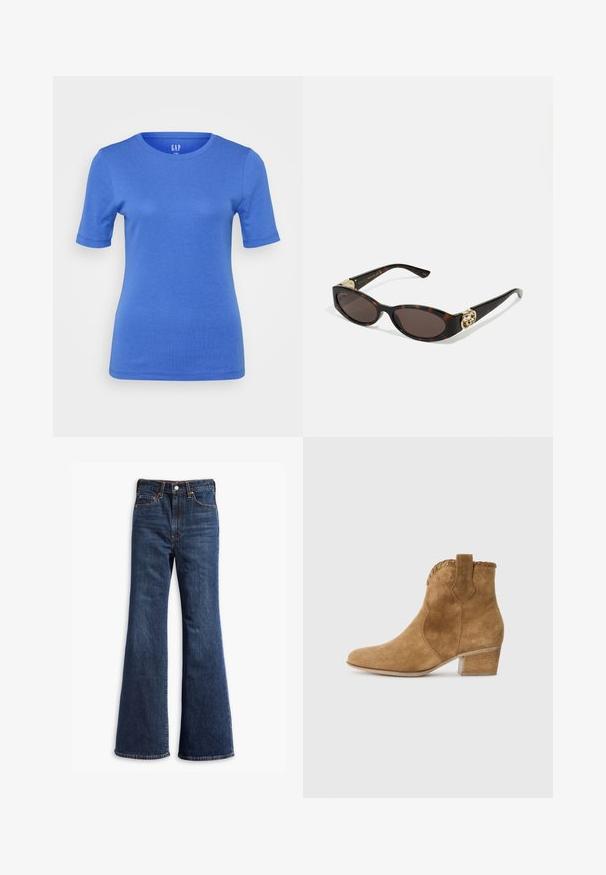 Brown suede jacket with a collared neck, front button closure, two side pockets, and a cropped design. Smooth texture and structured shape.; Blue short-sleeve t-shirt made of soft cotton. Features a round neckline and a solid color without patterns or accents.; High-waisted dark blue denim jeans with flared legs, front button and zipper closure, and five-pocket design.; Tan suede ankle boot with a pointed toe, textured trim at the collar, and a block heel. Features pull tab for easy wear.; Tortoiseshell sunglasses with elongated oval lenses, brown tint, gold logo accents on temples, and sleek black arms.; Brown faux suede tote bag with two sturdy handles, a structured shape, and minimalistic design, featuring subtle stitching accents.