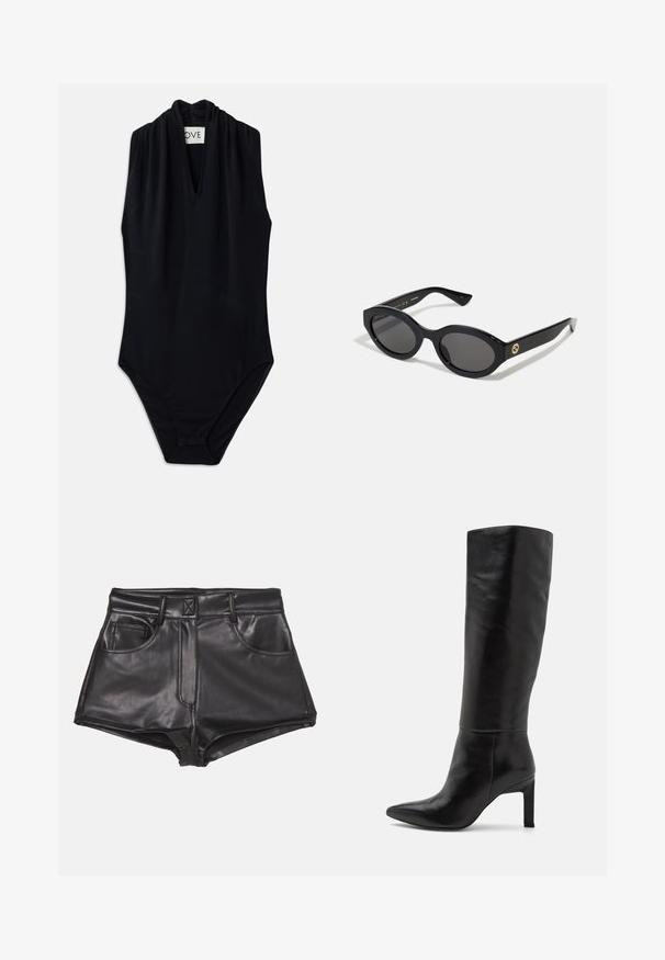 Chaqueta de ante marrón con cuello tipo solapa, cierre frontal de botones, dos bolsillos laterales y un diseño corto. Textura suave y forma estructurada.; Body negro sin mangas con un profundo escote en V y detalle recogido en el cuello. Fabricado con una tela suave y elástica. Diseño minimalista.; Pantalones cortos de imitación cuero negros con cintura alta, que cuentan con dos bolsillos frontales, costuras visibles y una textura suave.; Botas de cuero negras hasta la rodilla con tacón de aguja y punta afilada. El tacón es de estilo cuadrado, lo que añade estabilidad al diseño.; Gafas de sol negras en forma ovalada con lentes oscuros y montura de plástico brillante. Presenta un logo dorado en la patilla, ofreciendo un diseño elegante y moderno.