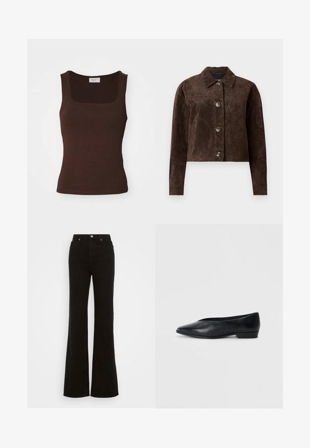 Brun mockaskinnjacka med krage, knappstängning framtill, två sidofickor och kort design. Slät textur och strukturerad form.; Gina Tricot SQUARE TANK - Linne - dark brown; Höga svarta utsvängda jeans i denim, med knappstängning, sidfickor och en slät yta.; Svart lädersko med platt sula, spetsig tå, lätt upphöjd klack och slät yta. Enkelt design utan synlig hårdvara eller mönster.