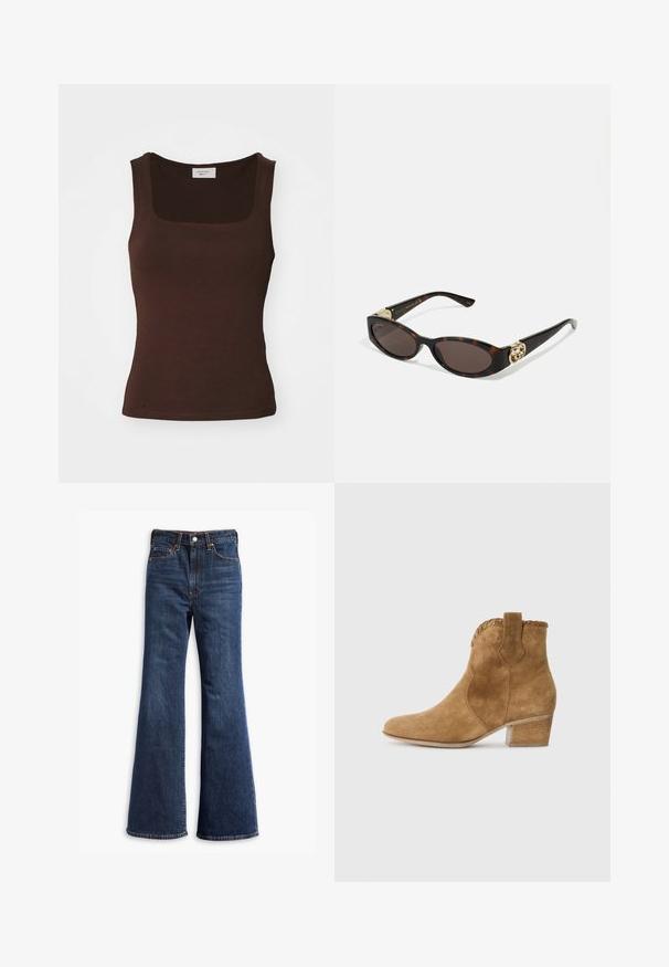 Jachetă din suede maro cu guler, închidere frontală cu butoane, două buzunare laterale și un design scurt. Textură netedă și formă structurată.; Gina Tricot SQUARE TANK - Top - dark brown; Jeans din denim dark blue, cu talie înaltă, picioare evazate, închidere cu buton și fermoar în față, și design cu cinci buzunare.; Bocanci scurți din suede bej cu vârf ascuțit, margine texturată la guler și toc pătrat. Include o buclă pentru o îmbrăcare ușoară.; Ochelari de soare din țiglă cu lentile ovale alungite, nuanță maro, accente cu logo auriu pe brațele laterale și brațe negre elegante.; Geantă tote din microfibră maro cu două mânere robuste, formă structurată și design minimal, având accente subtile de cusătură.