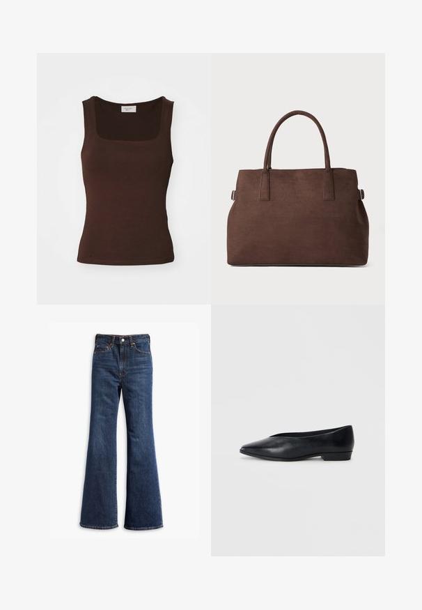Brązowa kurtka ze zamszu z kołnierzykiem, z przodu na guziki, dwoma bocznymi kieszeniami i skróconym krojem. Gładka faktura i zróżnicowany kształt.; Gina Tricot - Top; Jeansy z wysokim stanem w ciemnoniebieskim kolorze, z rozszerzanymi nogawkami, zapinane na guzik i zamek, z pięcioma kieszeniami.; Czarne skórzane płaskie buty z szpiczastym czubkiem, lekko podwyższonym obcasem i gładką powierzchnią. Prosty design bez widocznych elementów metalowych czy wzorów.; Brązowa torebka tote z sztucznego zamszu, z dwiema solidnymi rączkami, o wyraźnym kształcie i minimalistycznym designie, z subtelnymi akcentami w postaci przeszyć.
