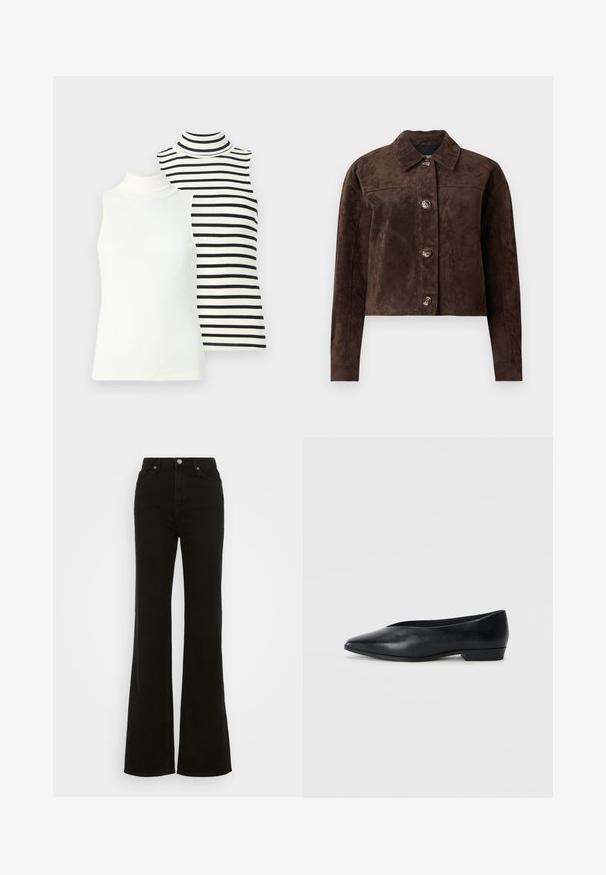 Giacca in suede marrone con collo, chiusura anteriore con bottoni, due tasche laterali e design cropped. Texture liscia e forma strutturata.; Due maglie a collo alto senza maniche: una bianca unita e una bianca con strisce orizzontali nere. Entrambe sono a costine e aderenti.; Jeans neri a vita alta e svasati, realizzati in denim, con chiusura a bottone, tasche laterali e una texture liscia.; Scarpa piatta in pelle nera con punta appuntita, tacco leggermente rialzato e superficie liscia. Design semplice senza hardware o motivi visibili.