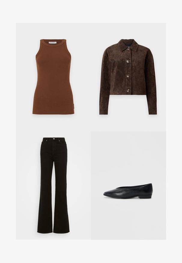 Smešani smeđi suknjeni kaput s ovratnikom, prednjim gumbima, dva bočna džepa i skraćenim dizajnom. Glatka tekstura i strukturirani oblik.; Smeđa rebrasta majica bez rukava s uskim dizajnom, okruglom izrezom i širokim naramenicama. Ima malu oznaku loga sa strane.; Visoke crne široke traperice od denima, sa zakopčavanjem na dugme, bočnim džepovima i glatkom teksturom.; Crne kožne ravne cipele s šiljastim vrhom, lagano podignutom petom i glatkom površinom. Jednostavan dizajn bez vidljivih tvrdih dijelova ili uzoraka.
