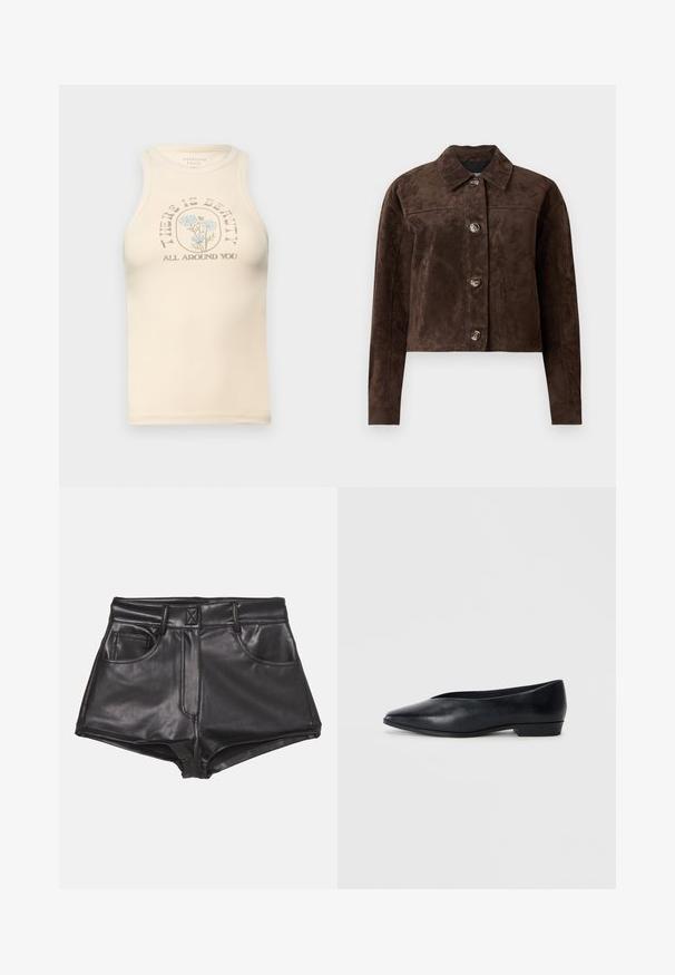 Ruskea mokkaliivi, jossa on kauluskanta, etupainikekiinnitys, kaksi sivutaskua ja lyhyt muotoilu. Sujuva pinta ja jämäkkä muoto.; Beige tank top fitted dengan leher tinggi dan desain tanpa lengan. Memiliki grafik bunga cetak dan teks: "ADA KEINDAHAN DI SEKITAR ANDA."; Mustat keinonahkaisista shortsit korkealla vyötäröllä, joissa on kaksi etutaskua, näkyvät ompeleet ja sileä pinta.; Mustas nahast lame king, millel on terav varvas, veidi tõstetud konts ja sile pind. Lihtne disain, ilma nähtava riistvarata või mustriteta.