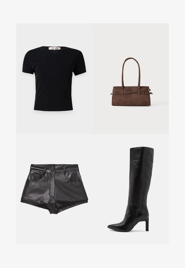 Giacca in suede marrone con collo, chiusura anteriore con bottoni, due tasche laterali e design cropped. Texture liscia e forma strutturata.; T-shirt nero a maniche corte con scollatura a V, realizzato in un tessuto liscio ed elastico. Presenta una silhouette semplice e classica, senza decorazioni.; Pantaloni corti neri in ecopelle con vita alta, dotati di due tasche frontali, cuciture a vista e una texture liscia.; Stivali in pelle nera alti fino al ginocchio con punta affusolata e texture liscia. Il tacco è di tipo blocco, aggiungendo stabilità al design.; Borsetta in suede marrone con due manici robusti, forma rettangolare e dettaglio decorativo con cinturino sulla parte anteriore.