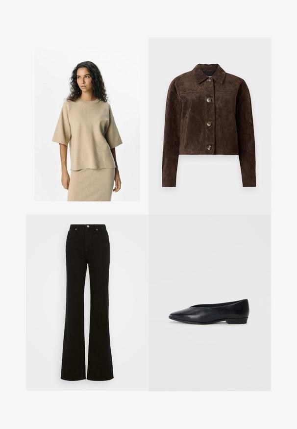 Brun ruskindsjakke med krave, frontknaplukning, to sidelommer og cropped design. Glat tekstur og struktureret form.; Beige striktrøje med korte ærmer og runde halsudskæring, der har en afslappet pasform og glat tekstur. Sammen med en matchende nederdel.; Høj talje sorte flare jeans lavet af denim, med knaplukning, sidelommer og en glat tekstur.; Sorte læder flade sko med spids tå, let hævet hæl og glat overflade. Simpelt design uden synligt hardware eller mønstre.