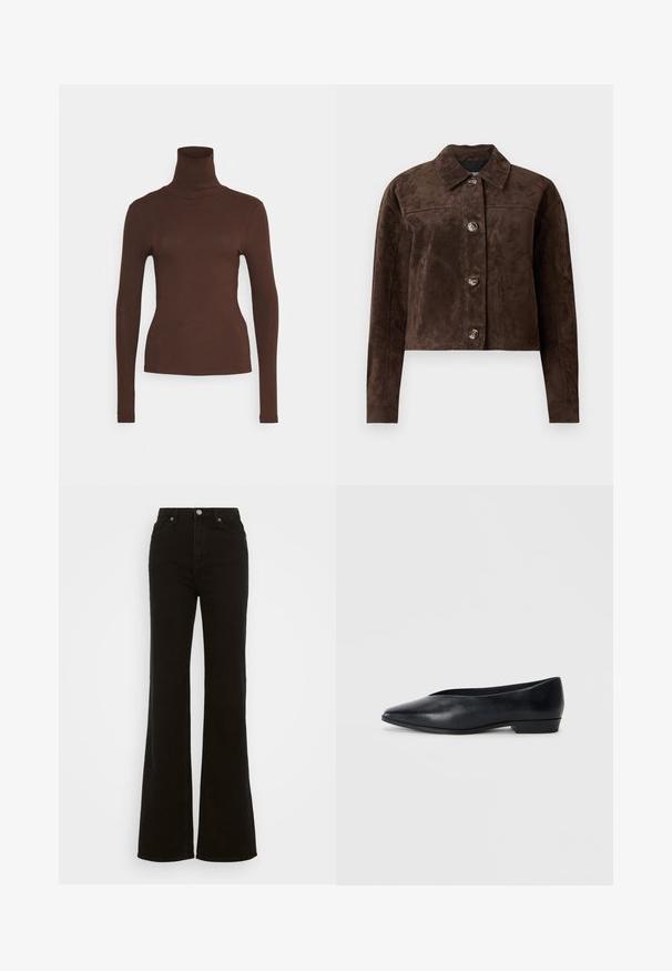 Pruun suède jakk, millel on kaelus, esine nööbid, kaks küljetaskut ja lühendatud disain. Sile tekstuur ja struktureeritud kuju.; Pieces PCKITTE ROLLNECK - Pikkade varrukatega topp - chicory coffee; Kõrge talje ja mustad laiad teksad, mis on valmistatud denimist, neil on nupuga sulgur, küljetaskud ja sile tekstuur.; Must musta korter king, millel on terav nina, veidi tõstetud konts ja sile pind. Lihtne disain, kus pole nähtavaid detaile ega mustreid.