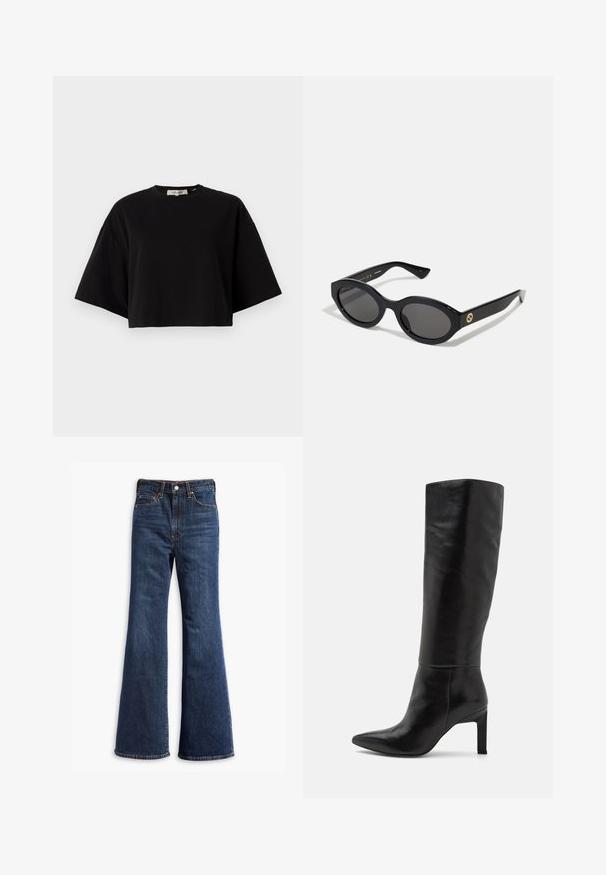 Brown suede jacket with a collared neck, front button closure, two side pockets, and a cropped design. Smooth texture and structured shape.; Black cropped t-shirt made of cotton, featuring a round neckline and short, wide sleeves for a loose fit. Smooth texture, simple design.; High-waisted dark blue denim jeans with flared legs, front button and zipper closure, and five-pocket design.; Knee-high black leather stiletto boots with a pointed toe and smooth texture. The heel is block-style, adding stability to the design.; Black oval sunglasses with dark lenses and glossy plastic frame. Features gold logo on the temple, offering a sleek and modern design.