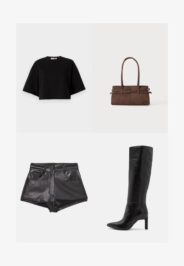 Brun ruskindsjakke med krave, frontknaplukning, to sidelommer og cropped design. Glat tekstur og struktureret form.; Sort cropped t-shirt lavet af bomuld, med rund halsudskæring og korte, brede ærmer for en løs pasform. Glat tekstur, enkelt design.; Sorte faux læder shorts med høj talje, der har to frontlommer, synlige sømme og en glat overflade.; Knæhøje sorte læder stiletto-støvler med spids tå og glat tekstur. Hælen er i blokstil, hvilket tilføjer stabilitet til designet.; Brun ruskinds håndtaske med to robuste håndtag, rektangulær form og dekorativt stropdetalje på forsiden.
