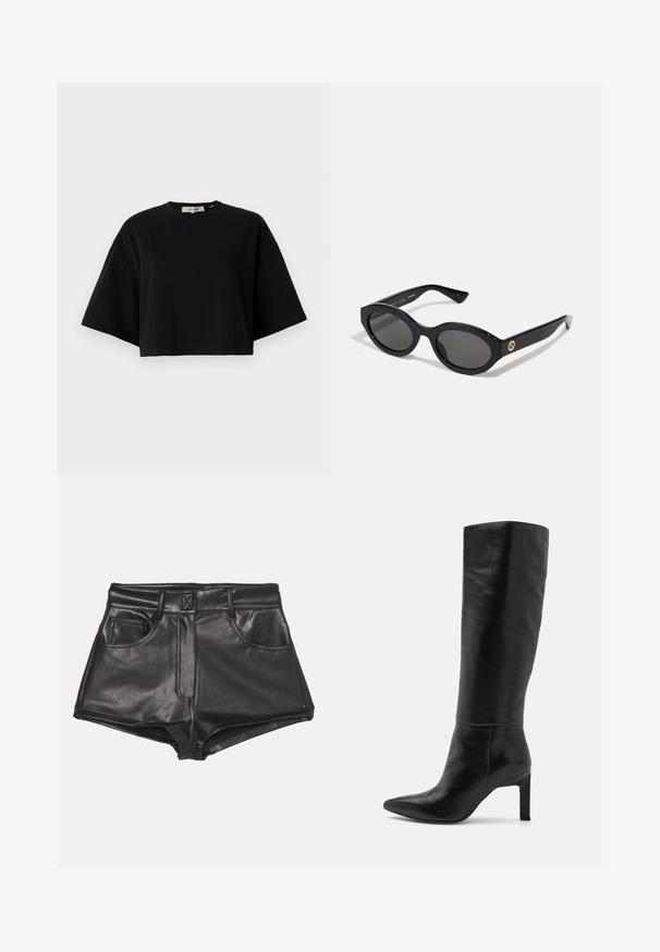 Casaco de camurça castanho com gola, fecho frontal de botões, dois bolsos laterais e um design cropped. Textura suave e forma estruturada.; T-shirt cropped preto feito de algodão, com decote redondo e mangas curtas e largas para um ajuste solto. Textura suave, design simples.; Calções pretos de pele sintética com cintura alta, apresentando dois bolsos frontais, costura visível e uma textura suave.; Botas de salto stiletto em couro preto até ao joelho, com bico pontiagudo e textura suave. O salto é de estilo bloco, acrescentando estabilidade ao design.; Óculos de sol ovais pretos com lentes escuras e armação de plástico brilhante. Apresenta um logotipo dourado na haste, oferecendo um design elegante e moderno.