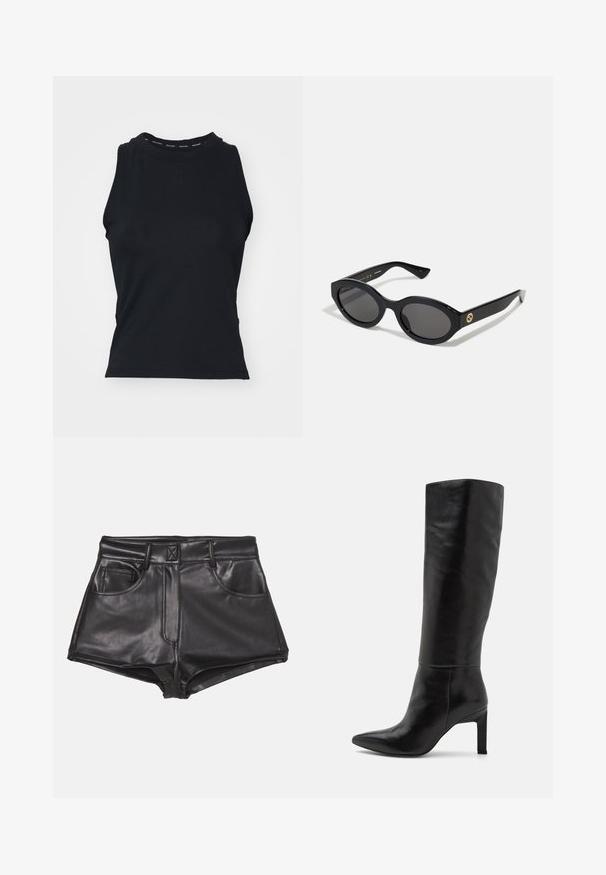 Brun semsket skinnjakke med krage, frontlukking med knapper, to sidelommer og kort design. Glatt tekstur og strukturert form.; Svart ermeløs topp med høy hals. Laget av et glatt, elastisk stoff med en logo trykket på kragen. Minimalistisk design.; Svarte faux skinnshorts med høy midje, featuring to frontlommer, synlig søm og en glatt tekstur.; Knæhøye svarte skinnstiletto støvler med spiss tå og glatt tekstur. Hælen er i blokkstil, noe som gir stabilitet til designet.; Sorte ovale solbriller med mørke linser og blank plastramme. Har gulllogo på stengene, og tilbyr et elegant og moderne design.