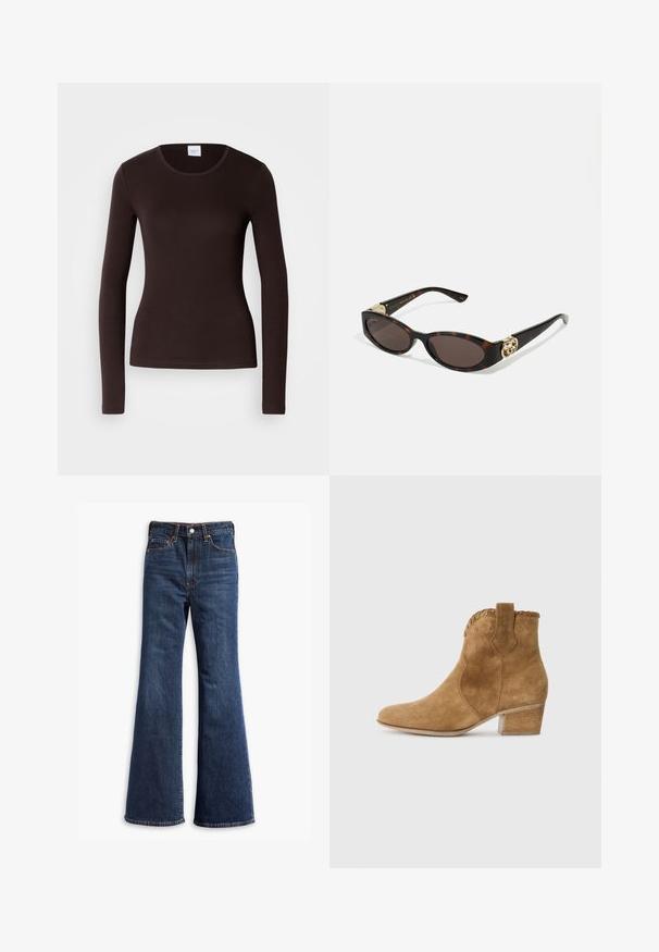 Barna velúr dzseki galléros nyakkal, elöl gombos záródással, kettő oldalsó zsebbel és cropped (rövidített) fazonnal. Simább textúra és formált alak.; Hosszú ujjú, kerek nyakú póló sötétbarna színben, jersey anyagból készült. Feszes fazon, sima tapintással és minimális varrási részletekkel rendelkezik.; Magas derekú sötétkék farmernadrág, harang alakú lábakkal, elülső gombos és cipzáros zárással, valamint öt zsebes kialakítással.; Barna velúr bokacsizma hegyes orral, textúrált díszítéssel a nyakon és tömbsarkal. Húzófüllel a könnyű felhúzás érdekében.; Tortából készült napszemüveg, hosszúkás ovális lencsékkel, barna színű árnyalattal, arany logóval a fülkagylón, és karcsú fekete szárakkal.; Barna műsuede bevásárlótáska, két erős fogantyúval, strukturált formával és minimalista dizájnnal, finom varrási díszítéssel.