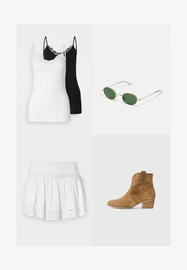 Rudas zomšos švarkas su apykakle, priekiniais mygtukais, dviem šoninėmis kišenėmis ir trumpu fasonu. Lygus paviršius ir išraiškingas siluetas.; Dvi moterų topai: vienas baltas su nėriniu apvadu, kitas juodas su nėriniu akcentais, abu su plonomis reguliuojamomis petnešomis.; Balta sluoksniuota sijonas su elastinga juostele, pasižymintis tekstūruota surišimo detale ir dekoratyvine juostos akcentu. Pagamintas iš medvilnės.; Smėlio spalvos velveto auliniai batai su smailiu nosimi, tekstūruota apykakle ir blokus padu. Yra patogus užtrauktukas lengvai dėvėti.; Auksiniu rėmu sukurtos saulės akinių su žaliais ovaliais lęšiais ir plonomis metalinėmis šakėmis. Stiprūs skaidrūs plastikiniai galiukai šakėse suteikia patogumo.; Rudas zomšinės rankinės su dviem tvirtomis rankenomis, stačiakampio formos ir dekoratyvine juosta per priekinę dalį.