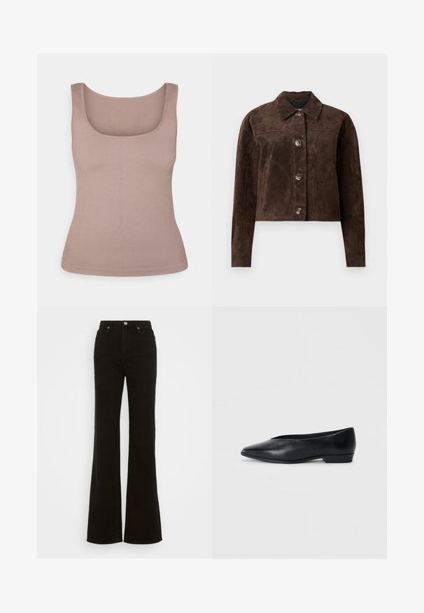 Pruun suède jakk, millel on kaelus, esine nööbid, kaks küljetaskut ja lühendatud disain. Sile tekstuur ja struktureeritud kuju.; Ribaga tank top pehmeas beeživärvuses, millel on ruudukujuline kaelus ja ilma varrukateta disain. Materjal on sileda tekstuuriga ja keha järgiva kujuga.; Kõrge talje ja mustad laiad teksad, mis on valmistatud denimist, neil on nupuga sulgur, küljetaskud ja sile tekstuur.; Must musta korter king, millel on terav nina, veidi tõstetud konts ja sile pind. Lihtne disain, kus pole nähtavaid detaile ega mustreid.