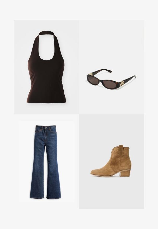 Brown suede jacket with a collared neck, front button closure, two side pockets, and a cropped design. Smooth texture and structured shape.; Black halter top made of soft fabric, featuring a wide scoop neck and slim-fit silhouette, with no additional patterns or embellishments.; High-waisted dark blue denim jeans with flared legs, front button and zipper closure, and five-pocket design.; Tan suede ankle boot with a pointed toe, textured trim at the collar, and a block heel. Features pull tab for easy wear.; Tortoiseshell sunglasses with elongated oval lenses, brown tint, gold logo accents on temples, and sleek black arms.; Brown faux suede tote bag with two sturdy handles, a structured shape, and minimalistic design, featuring subtle stitching accents.