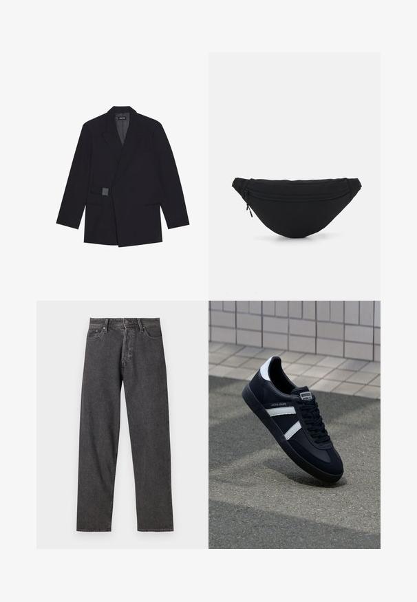 Zwart op maat gemaakte blazer met een geknipte revers, enkele knoopsluiting en textuuraccenten. Beschikt over twee voorzakken en een gestructureerd silhouet.; Grijze langemouwen shirt van zachte stof, met een ronde halslijn en drukknoopaccenten langs de schouder voor extra detail.; Zwarte denim jeans met een rechte pasvorm, vijf-pocket ontwerp en subtiele vervaging. Voorzien van een knoopsluiting en riemlussen.; Zwarte leren sneaker met witte strepen, een gestructureerde rubberen zool en vetersluiting aan de voorkant. Voorzien van een merklabel op de tong.; Zwarte stof heuptas met een afgeronde vorm, voorzak met rits en een gladde textuur. Geen zichtbare patronen of accenten. Lichtgewicht ontwerp.