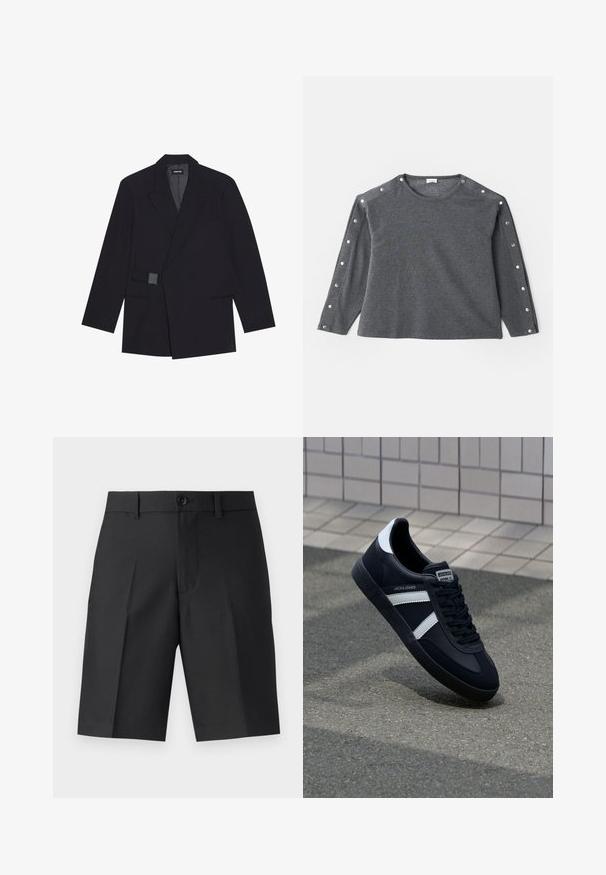 Juodas pritaikytas švarkas su išsinarintomis apykaklėmis, vieno mygtuko uždarymu ir tekstūruotais akcentais. Turi dvi priekines kišenes ir struktūrizuotą siluetą.; Pilkos spalvos ilgomis rankovėmis marškiniai iš minkštos medžiagos, su apvalia iškirpte ir spaudimo mygtukais palei pečius, suteikiančiais papildomų detalių.; Juodi pritaikyti šortai, pagaminti iš lengvos medžiagos, su tiesiu siluetu, vienu raukšlėjimu ir priekyje esančia mygtukų uždarymo sistema.; Juodas odinis sportinis batelis su baltais dryžiais, tekstūruota gumine padais ir raišteliais priekyje. Yra prekės ženklą žymintis etiketė ant liežuvio.