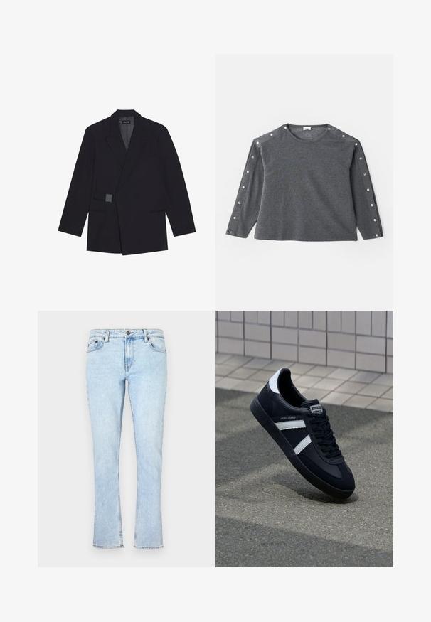 Fekete, szabott blézer, kivágott hajtókával, egysoros gombolással és textúrázott részletekkel. Két elülső zsebbel és strukturált sziluettel rendelkezik.; Szürke, hosszú ujjú póló, puha anyagból készült, kerek nyakkivágással és préselt gomb díszítéssel a vállon, ami plusz részletet ad a megjelenésnek.; Világoskék farmernadrág egyenes szárú fazonnal, gombos záródással, öt zsebbel és enyhe kopással a textúra érdekében.; Fekete bőr sportcipő fehér csíkokkal, textúrált gumitalppal és fűzős elejével. A nyelvén márkás címke található.