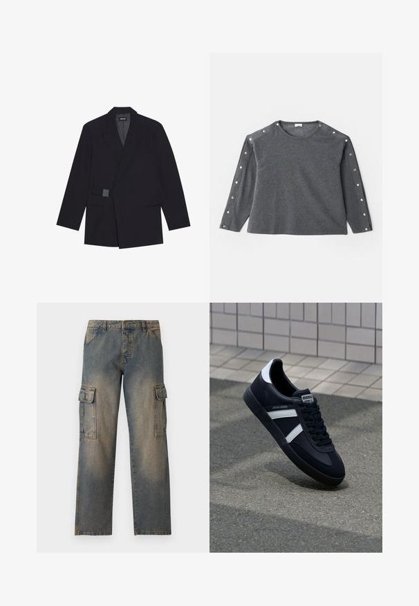 Must on läbimõõduga krae, ühe nupuga kinnituse ja tekstuursete detailidega must kohandatud bleiser. Omab kahte esist taskut ja struktureeritud siluetti.; Hallitusroheline pika varrukaga särk pehmes kangas, millel ümmargune kaelus ja nööbid õlgadel lisadetailideks.; Denim cargo püksid, millel on tuhm sinine värv, lõtv istuvus, kaks suurt külgtaskut, õmmeldud õmblused ja klassikaline vöödisain.; Must have musta sneaker musta valgete triipudega, tekstuurne kummitald ja nööridega esiosa. Omab bränditud märki keele peal.