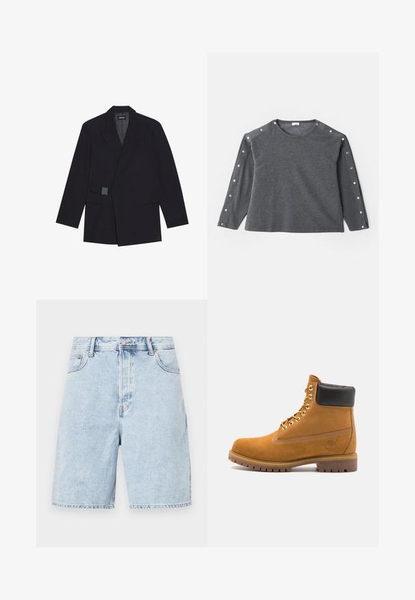 Černý přizpůsobený blejzr s vykrojeným límcem, zapínání na jeden knoflík a texturované detaily. Obsahuje dvě přední kapsy a strukturovaný siluetu.; Šedé tričko s dlouhým rukávem z jemné tkaniny, s kulatým výstřihem a patkami se skrytými knoflíky na rameni pro zvýraznění detailu.; Světlé modré denimové šortky s volným střihem, s zipem v přední části, pěti kapsami a kontrastním stehem podél švů.; Hnědé semišové kotníkové boty s černým polstrovaným límcem, zlatými kovovými očky, bílým prošíváním a odolnou gumovou podrážkou s výraznými drážkami.