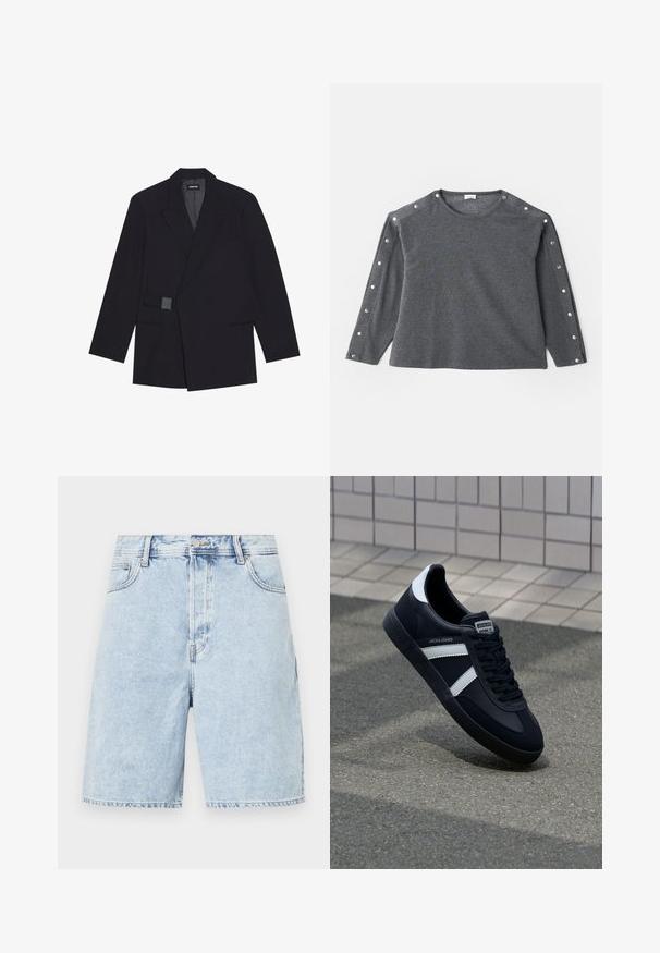 Veste noire ajustée avec un col cranté, fermeture à un bouton et accents texturés. Comprend deux poches avant et une silhouette structurée.; Chemise grise à manches longues en tissu doux, avec un col rond et des accents de bouton-pression le long de l'épaule pour un détail supplémentaire.; Shorts en denim bleu clair à coupe décontractée, avec une braguette zippée, cinq poches et des coutures contrastées le long des bords.; Sneaker en cuir noir avec des rayures blanches, semelle en caoutchouc texturée et devant à lacets. Présente une étiquette de marque sur la languette.