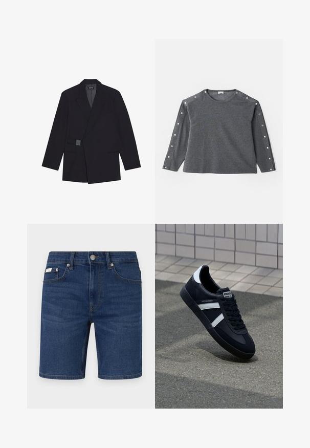 Must on läbimõõduga krae, ühe nupuga kinnituse ja tekstuursete detailidega must kohandatud bleiser. Omab kahte esist taskut ja struktureeritud siluetti.; Hallitusroheline pika varrukaga särk pehmes kangas, millel ümmargune kaelus ja nööbid õlgadel lisadetailideks.; Tumed sinised teksashortsid klassikalise viie tasku disainiga, metallnupuga kinnitamist ja sirge lõikega äär. Minimalistlik brändinguteenus on nähtav.; Must have musta sneaker musta valgete triipudega, tekstuurne kummitald ja nööridega esiosa. Omab bränditud märki keele peal.