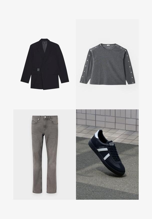 Fekete, szabott blézer, kivágott hajtókával, egysoros gombolással és textúrázott részletekkel. Két elülső zsebbel és strukturált sziluettel rendelkezik.; Szürke, hosszú ujjú póló, puha anyagból készült, kerek nyakkivágással és préselt gomb díszítéssel a vállon, ami plusz részletet ad a megjelenésnek.; Szürke farmernadrág egyenes szárú szabással, öt zsebből áll, gombos záródással, és finom kopással a szöveten.; Fekete bőr sportcipő fehér csíkokkal, textúrált gumitalppal és fűzős elejével. A nyelvén márkás címke található.