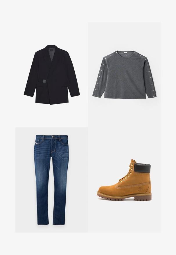 Blazer negro entallado con solapa de muesca, cierre de un solo botón y acentos texturizados. Presenta dos bolsillos frontales y una silueta estructurada.; Camisa de manga larga gris de tejido suave, con cuello redondo y detalles de botones a presión en el hombro para un toque adicional.; Vaqueros de mezclilla de color azul oscuro con corte recto, cuentan con un diseño de cinco bolsillos, costuras visibles y un cierre de botón de metal en la cintura.; Botín de ante marrón claro con collar acolchado negro, ojales de metal dorado, detalles de costura blanca y suela de goma resistente con tacos pronunciados.