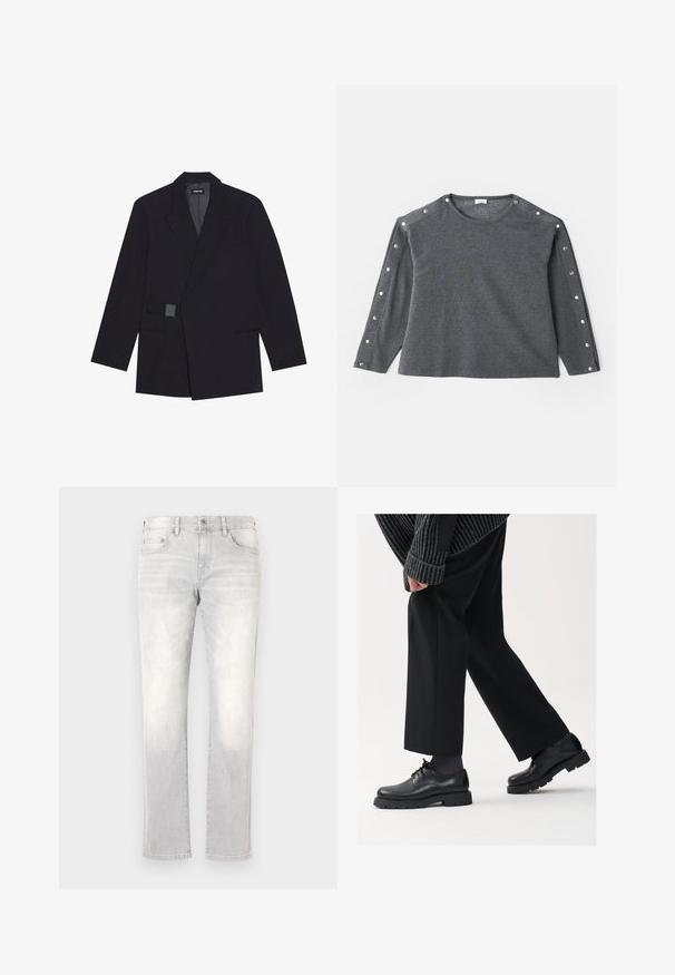 Melnā pielāgotā žakete ar izgrieztām atloku, vienu pogu, un teksturētām detaļām. Ietver divas priekšējās kabatas un izteiktu siluetu.; Pelēka ilgām piedurknēm krekls no mīksta auduma, ar apaļu kakla izgriezumu un spiedpogu akcentiem gar plecu, lai piešķirtu papildu detaļu.; Gai pelēki džinsi ar taisnu kāju piegriezumu, ar iezīmētu izbalēšanu, priekšējiem kabatām un vienu aizmugurējo kabatu. Klasisks aizdare ar pogu un rāvējslēdzēju.; Melni ādas apavi ar noapaļotu purngalu, aukliņu dizainu un biezu, teksturētu zoli. Valkāti ar piegrieztām melnām biksēm un ribotu džempera.