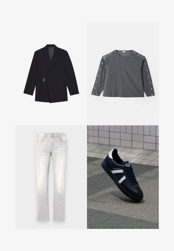 Svart skräddarsydd kavaj med slag, enkel knäppning och texturerade accenter. Har två framfickor och en strukturerad silhuett.; Grå långärmad skjorta i mjukt material, med rund halsringning och tryckknappar längs axeln för extra detalj.; Ljust grå denimjeans med rak passform, subtil blekning, framfickor och en enda bakficka. Klassisk knapp- och dragkedjestängning.; Svart lädersneaker med vita ränder, texturerad gummisul, och snörning fram. Har en märkesskylt på tungan.