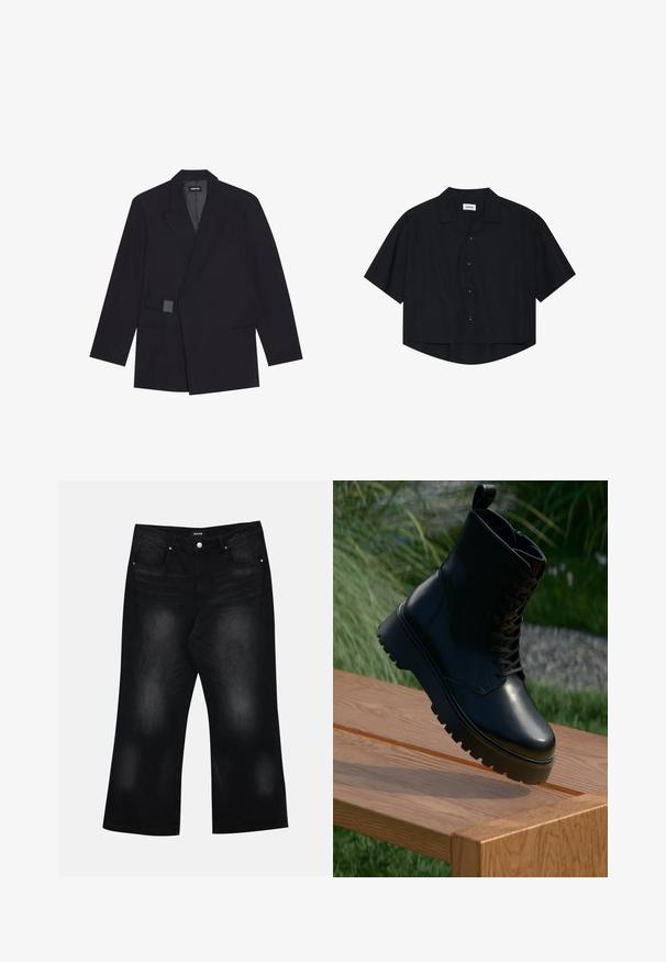 Juodas pritaikytas švarkas su išsinarintomis apykaklėmis, vieno mygtuko uždarymu ir tekstūruotais akcentais. Turi dvi priekines kišenes ir struktūrizuotą siluetą.; Juodas trumpas rankovės mygtukų marškinėliai su apykakle ir priekine kišene, su šiek tiek kreipiamu hemu ir laisvu siluetu.; Trumpai rankovės t-shirts juodos ir baltos spalvų, su ugnies rašto drugelio grafika baltame marškinėlyje. Pagaminta iš medvilnės.; Juodų plačių džinsų, pagamintų iš džinsinio audinio, savybės: dvi priekinės kišenės, švelnus išblukimas ir mygtukų užsegimas liemens srityje.; Juodas odinis kulkšnių botas su tekstūruota paviršiumi, raišteliais priekyje ir stambiu, grublėtu padu. Pateiktas ant medinės plokštės su žolės fonu.
