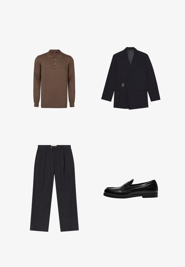 Zwart op maat gemaakte blazer met een geknipte revers, enkele knoopsluiting en textuuraccenten. Beschikt over twee voorzakken en een gestructureerd silhouet.; Bruine langwerpige poloshirt met lange mouwen, gemaakt van breisel, met een kraag en een placket van drie knopen, met ribgebreide manchetten en zoom.; Op maat gemaakte donkerblauwe broeken met een hoge taille, twee voorplooien, knoopsluiting en rechte pijpen in een soepele stof.; Zwarte leren loafers met een gladde afwerking, voorzien van stiksel op de voorkant en een lage, stevige zwarte rubberen zool.