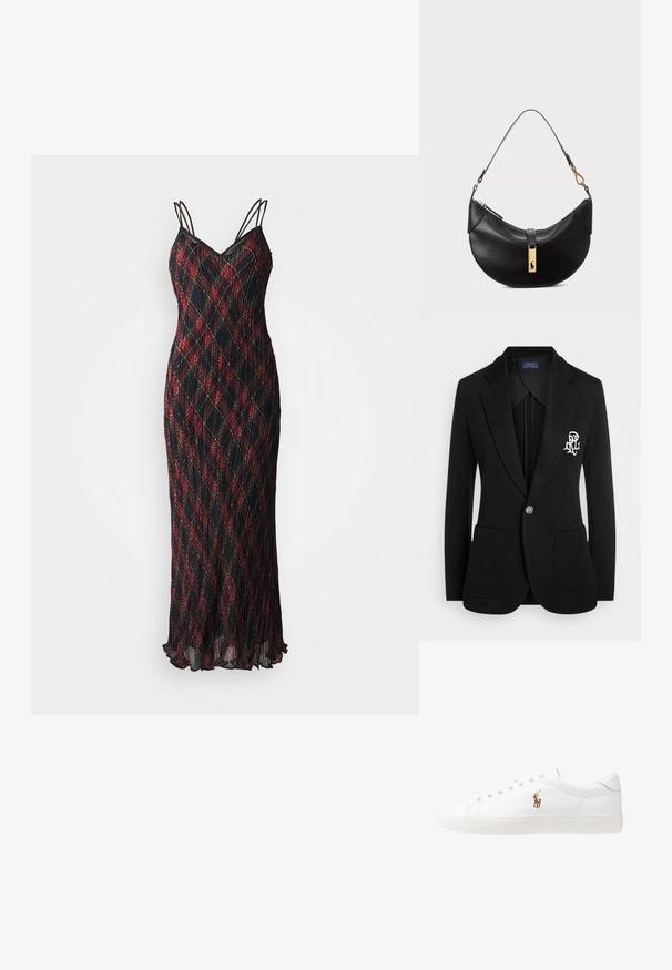 Černý blazer vyrobený z texturované látky, s jedním knoflíkovým zapínáním, dvěma předními kapsami a vyšívaným logem na levé hrudi.; Černé bezramínkové šaty s tenkými ramínky, s červeným a zeleným kostkovaným vzorem, s plisovanou texturou a rozšířeným spodním lemem.; Bílé kožené tenisky, nízký střih, s hladkým povrchem, kulatou špičkou, šněrováním v přední části a malým vyšitým logem na boku.; Černá kožená kabelka ve tvaru půlměsíce. Obsahuje zlaté kovové detaily a úzký popruh. Hladký povrch, zapínání na zip na vrchu.