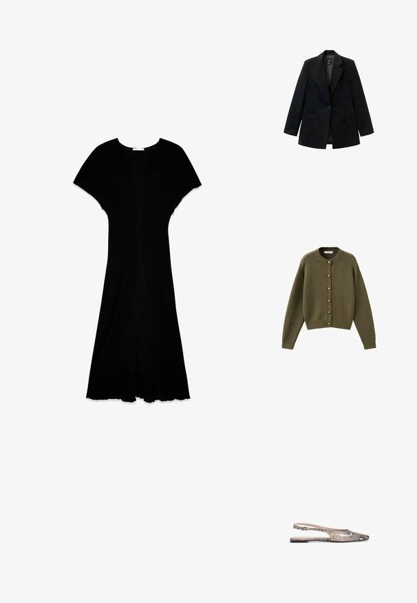 Black corduroy blazer with a single button closure, notched lapels, and two front pockets. Features a smooth inner lining.; Olive green knitted cardigan with a round neckline, large buttons down the front, and ribbed cuffs and hem. Soft texture, relaxed fit.; Black dress with short cap sleeves, V-neckline, and a flowing skirt. Made of lightweight fabric, features a subtle texture and scalloped hem.; Slingback flats featuring a snake print design in shades of beige and black, with a pointed toe and a thin ankle strap.; Black woven tote bag with a rounded top, side seams, and two braided handles. Features a textured pattern and a spacious interior.