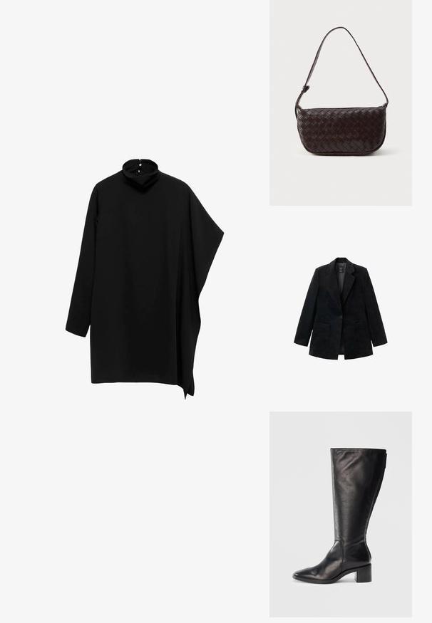 Črn korduroj sakou z enim gumbom, z odrezanimi reverji in dvema sprednjima žepoma. Ima gladko notranjo podlogo.; Črn top z visokim ovratnikom in dolgimi rokavi, asimetričnega dizajna in tekočega materiala; ima gumbasto zapiranje na hrbtni strani ovratnika.; Črne usnjene čizme do kolen s kvadratnim nosom, blokastim peto in elegantnim dizajnom. Gladka tekstura s stranskim zadrgo za enostavno obuvanje.; Tkanina usnjena torba čez ramo v temno rjavi barvi, s ukrivljeno obliko, nastavljivim trakom in gladkim финишом. Kompaktna zasnova brez vidne kovinske opreme.
