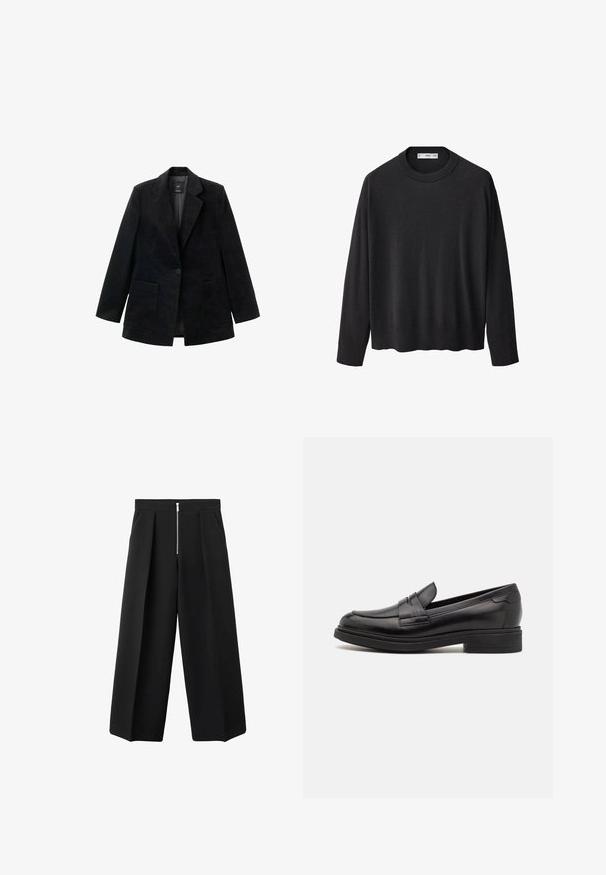 Blazer din catifea neagră cu închidere cu un singur buton, rever cu tăietură și două buzunare frontale. Are o căptușeală interioară netedă.; Pulover negru tricotat cu guler rotund rib confortabil, mâneci lungi și tiv drept. Textură moale, design minimalist și stil versatil.; Pantaloni negri cu croi larg, cu pliseuri frontale și un sistem de închidere cu fermoar metalic vizibil la talie, față plată și buzunare laterale.; Marc O'Polo PAULA - Pantofi slip-on - black