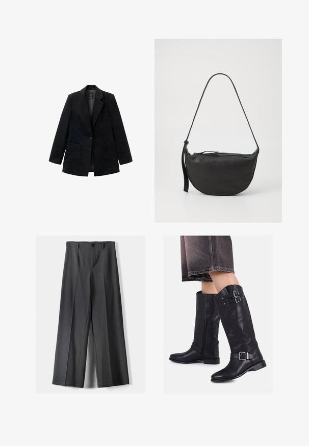Čierny kordový blazer s jedným gombíkom, klopovými chlopňami a dvoma prednými vreckami. Má hladkú vnútornú podšívku.; Čierny sveter s dlhými rukávmi, okrúhlym výstrihom a voľným strihom. Vyrobený z hladkej, ľahkej tkaniny s jednoduchým dizajnom.; Široké nohavice z tmavosivej látky, ktoré majú gombíkový uzáver, predné skladanie a pútka na opasok. Hladká textúra s elegnatným strihom.; Čierne kožené čižmy po kolená s dvoma popruhmi a prackami, bočným zipsom a nízkym opätkom, skombinované s tmavými džínsovými šortkami.; Čierna kožená taška na rameno s oblým tvarom, jedným popruhom, zipsovým uzáverom a jemným šitím okolo tela.