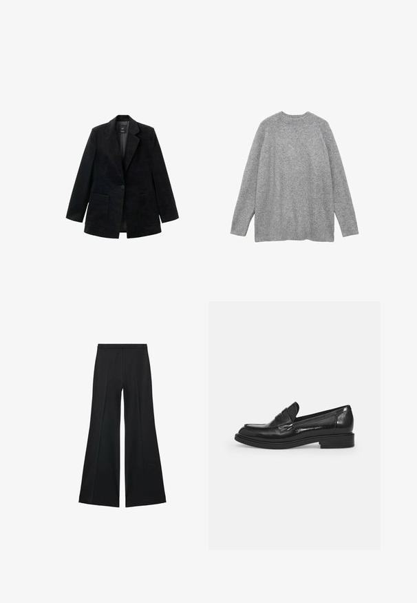Schwarzes Cordblazer mit einem einzigen Knopfverschluss, Reverskragen und zwei vorderen Taschen. Verfügt über ein glattes Innenfutter.; Grauer Strickpullover aus weichem Material, mit klassischem Rundhalsausschnitt, langen Ärmeln und gerippten Bündchen sowie Saum.; Schwarze weit geschnittene Hose mit glatter Textur, ausgestattet mit Frontfalten und einem taillierten Design. Der Stoff ist leicht und fließend.; Schwarze Lackleder-Halbschuhe mit runder Zehenform, einem dekorativen Riemen über dem oberen Teil und einem niedrigen Blockabsatz. Glatte, glanzvolle Textur.