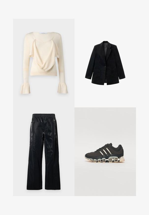 Black corduroy blazer with a single button closure, notched lapels, and two front pockets. Features a smooth inner lining.; Cream sweater featuring a deep V-neck, draped front design, and long sleeves with bell cuffs. Soft texture and button detail at the front.; Black, wide-leg pants made of glossy material. Features an elastic waistband and vertical seams for structure and design. Smooth texture.; Black athletic shoe with a textured upper, three silver stripes, and a distinctive cushioning sole featuring multiple integrated sections.