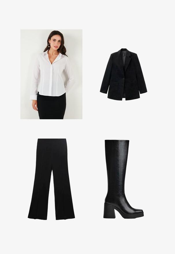 Czarny żakiet z korduroyu z zapięciem na jeden guzik, z klapami i dwoma przednimi kieszeniami. Posiada gładką podszewkę.; Biała koszula z długim rękawem, z kołnierzykiem, zapinana na guziki, z pionowymi szwami. Dobrze komponuje się z czarną spódnicą dla uzyskania profesjonalnego wyglądu.; Czarne spodnie o szerokich nogawkach, wykonane z gładkiego materiału, z płaskim przodem i dwoma zakładkami oraz pasem bez widocznych elementów metalowych.; Czarne, sięgające kolan botki wykonane z teksturowanego materiału syntetycznego, z kwadratowym noskiem, masywnym, wysokim obcasem oraz gładką, elegancką powierzchnią.
