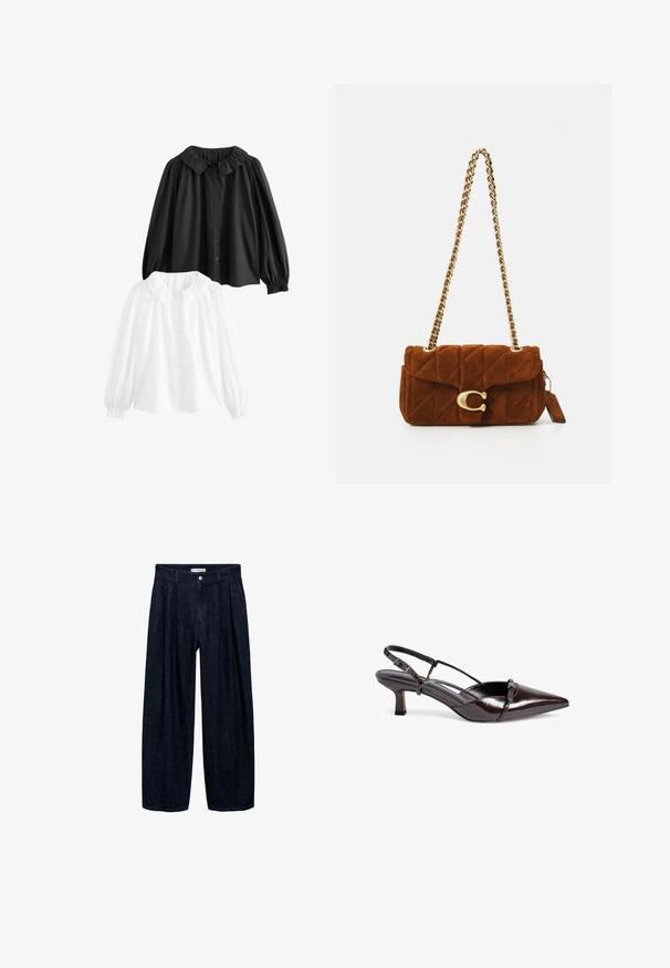 Čierny kordový blazer s jedným gombíkom, klopovými chlopňami a dvoma prednými vreckami. Má hladkú vnútornú podšívku.; Dvoje blúz s golierom: jedna čierna, jedna biela; obe s nadýchanými rukávmi, zapínaním na gombíky a volánikmi na golieri. Bavlnený materiál.; Tmavé džínsy s širokými nohavicami a pregibmi v páse, s predným gombíkom a pútkami na opasok. Hladká textúra a celodlhý strih.; Hnedé lakované lodičky na opätku so špicatou špičkou, malým blokovým opätkom, dizajnom s krížovým remienkom a dekoratívnou mašľou vpredu.; Hnedá prešívaná semišová kabelka cez rameno so zlatým reťazovým popruhom a veľkým zlatým "C" zámkom na prednom kryte.; Hnedé kožené rukavice s hladkým povrchom, obsahujúce päť prstov, elastický zápästný okraj a dekoratívne prešívanie pozdĺž okraja.