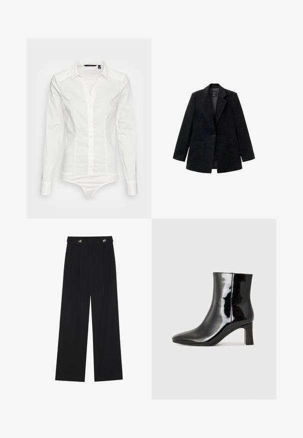 Black corduroy blazer with a single button closure, notched lapels, and two front pockets. Features a smooth inner lining.; Vero Moda Tall VMLADY G STRING - Button-down blouse - snow white; Black wide-leg trousers with high waist, button details on waistband, and front pleats.; Black patent leather ankle boot with a pointed toe and a mid-height block heel. Smooth texture and minimalist design.
