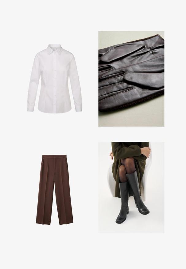 Black corduroy blazer with a single button closure, notched lapels, and two front pockets. Features a smooth inner lining.; White long-sleeve shirt in smooth fabric, featuring a classic collar, button front closure, and a fitted design.; Brown wide-leg trousers with a smooth texture, featuring two side pockets and a pleated front for a relaxed fit.; Knee-high black leather boots with a squared toe and block heel, shown with a model seated in an olive green coat. Smooth texture, minimal detailing.; Brown leather gloves with a smooth texture, featuring five fingers, elastic wrist, and decorative stitching along the edge.